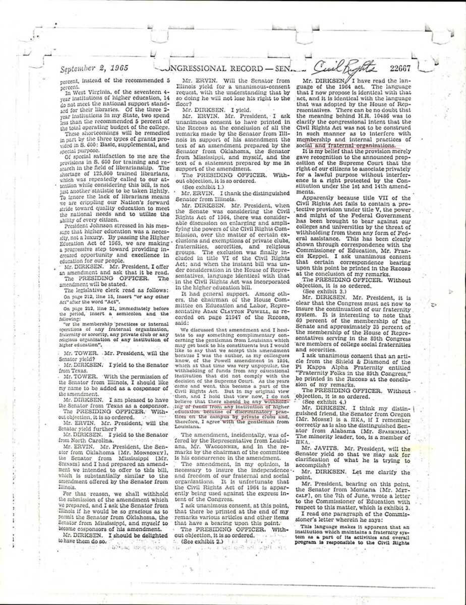 Dirksen Addressing The Senate On Civil Rights Legislation In Regards To Collegiate Education And Social Organizations.