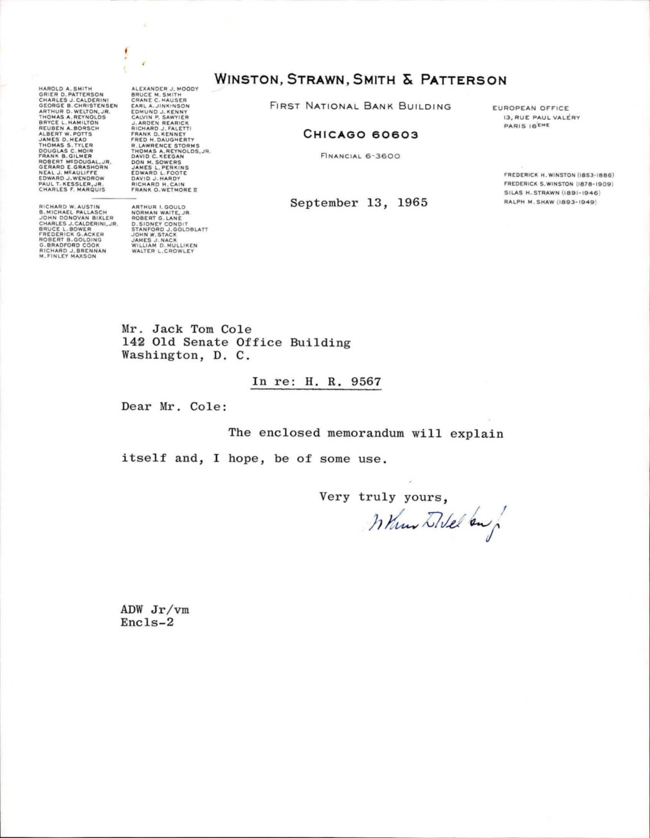 Letter To Jack Tom Cole From Winston, Strawn, Smith, And Patterson Regarding H.R. 9567.