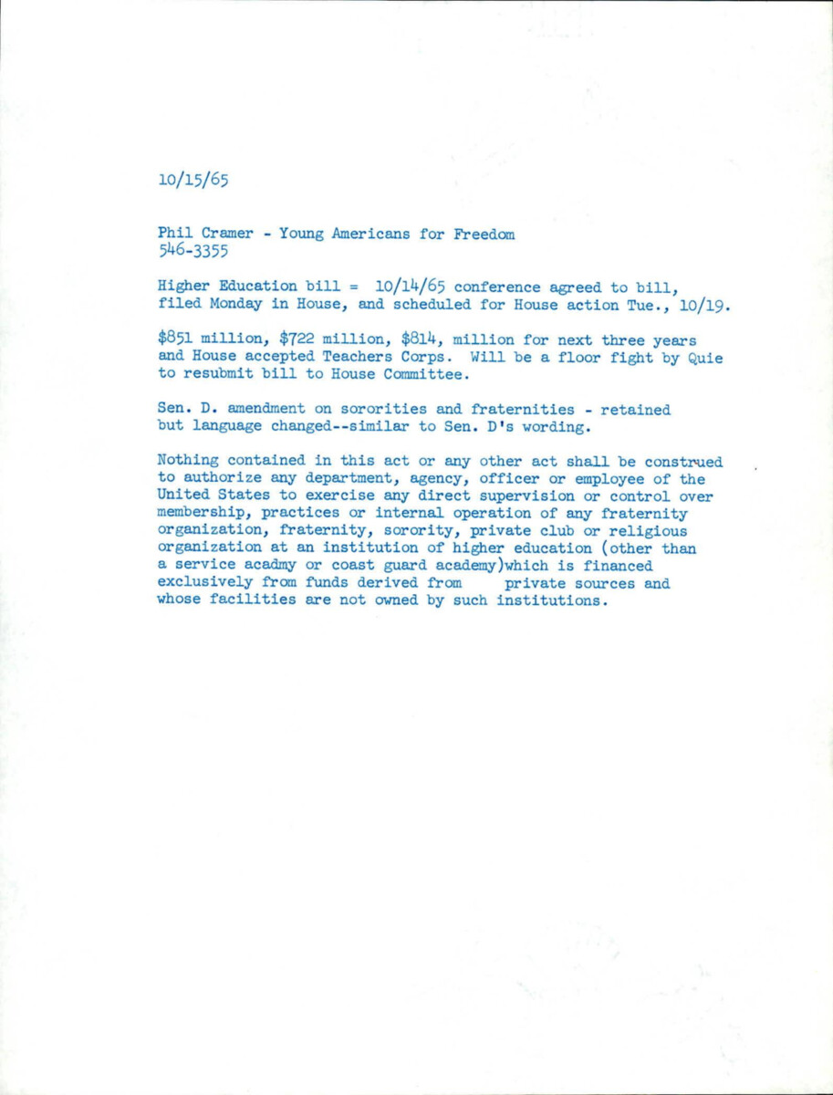 Senate Office Memo Regarding The Higher Education Bill And The Funds That The Teachers Corps Would Like In The Bill. Includes Excerpt From Dirksen's Speech About Sororities And Fraternities.