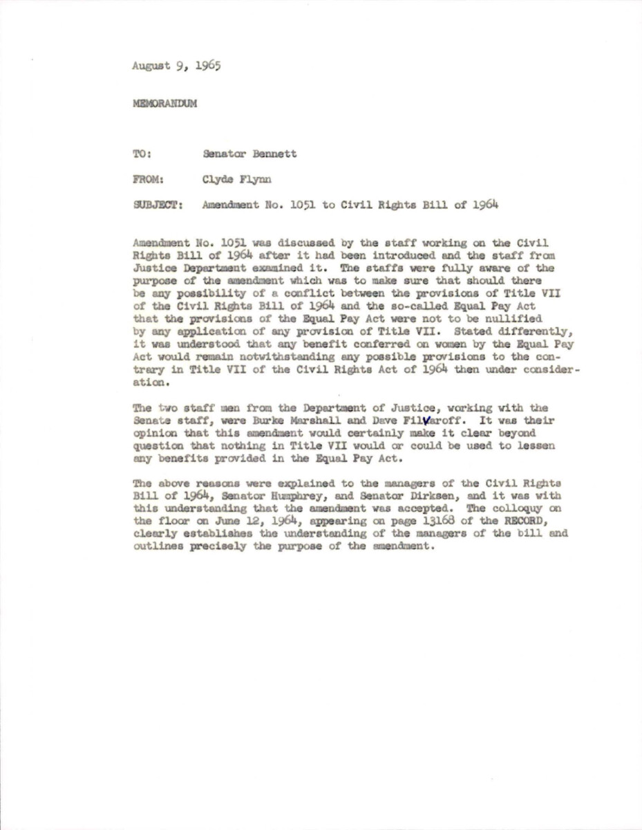 Letter To Senator Bennett From Clyde Flynn Regarding Amendment No. 1051 To Civil Rights Bill Of 1964. The Amendment Was Discussed By Staff To Ensure That There Was No Conflict Between Title Vii Of The Civil Rights Bill Of 1964 And The Equal Pay Act.