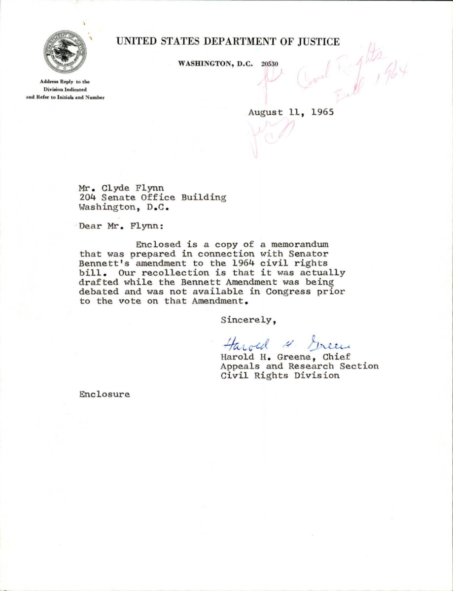Letter From Greene To Flynn Regarding The Amendment To The Civil Rights Act Of 1964 Which Was Prepared With The Amendment Senator Bennett Submitted Dealing With The Cloture.