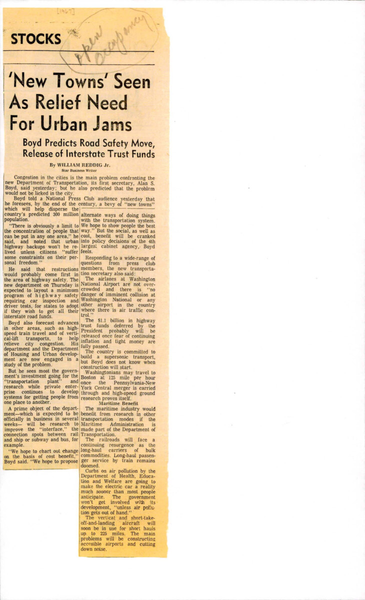 Article About The Effects Of New Towns On The Transportation. The Secretary Of Transportation Released A Statement About The Effects And $1.1 Billion Dollars In Highway Funds Being Released As Soon As Inflation Decreases.