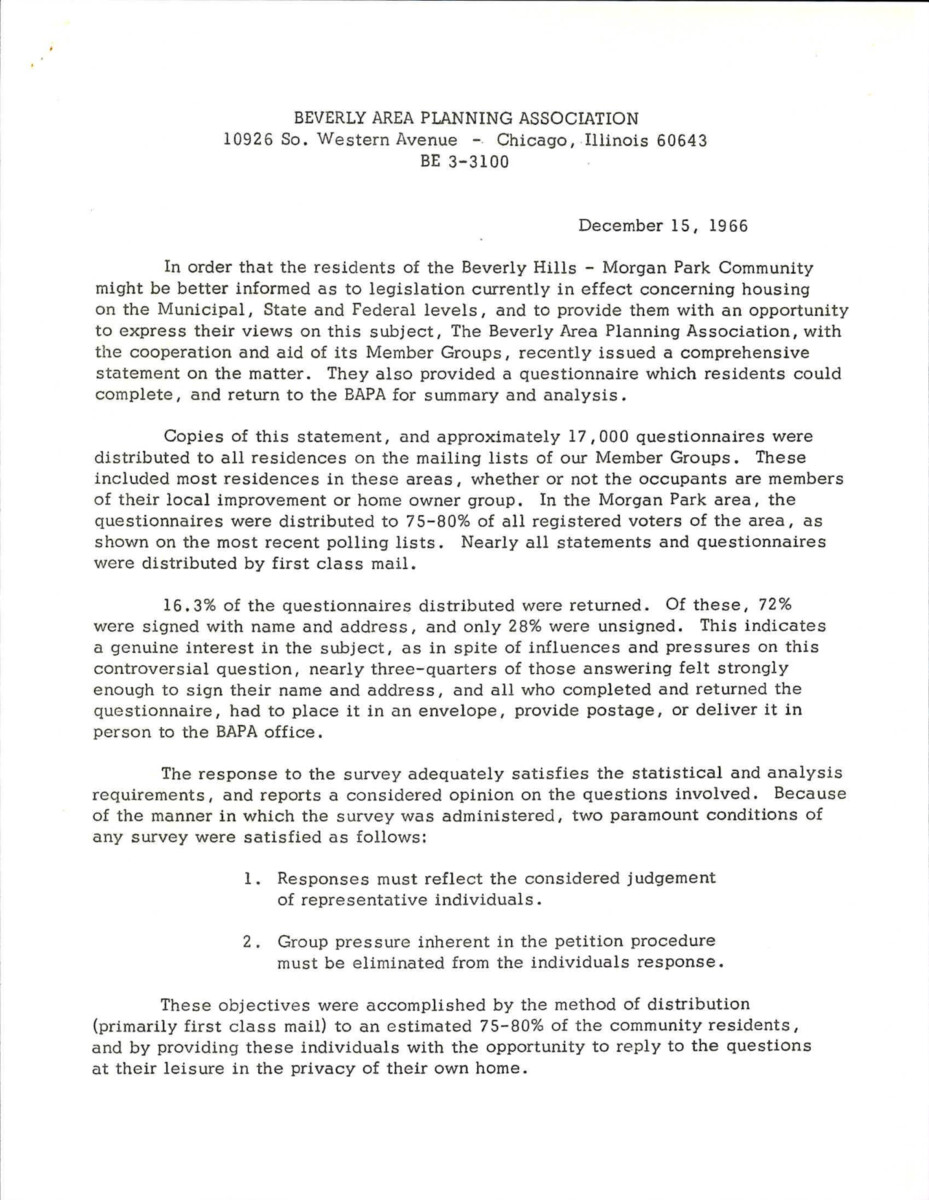 Letter From Beverly Area Planning Association About Legislation At The Local, State, And Federal Levels Of Government. The Legislation Named Include: Chicago Fair Housing Ordinance, State Of Illinois, And Federal Open Occupancy. The Citizens Of Beverly-morgan Park Did Not Approve Of Any Of The Legislation.