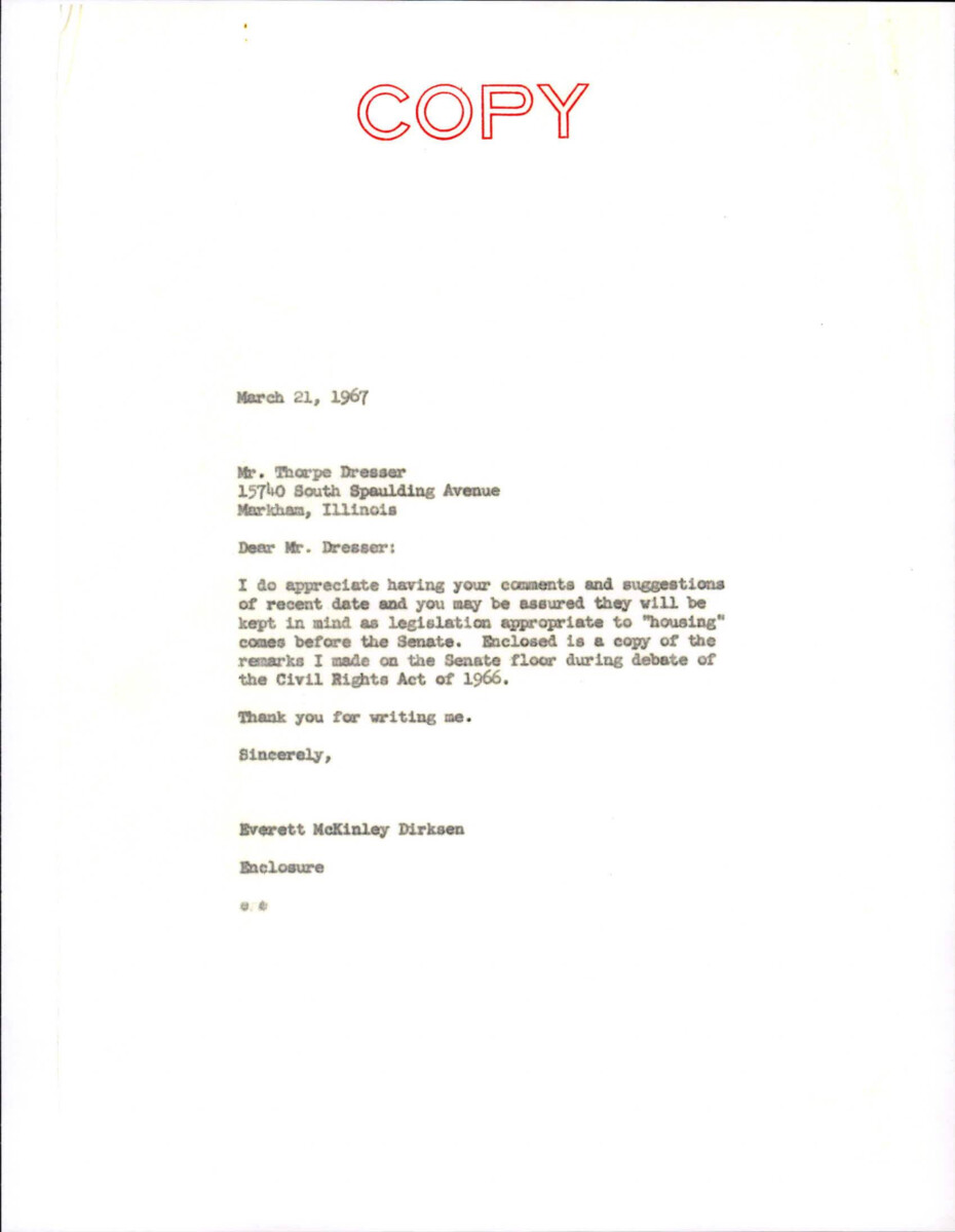 Letter From Dirksen To Thorpe Dresser About His Suggestions And Comments Regarding The Civil Rights Act Of 1966.