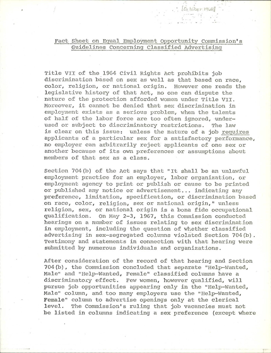 Facts About Equal Employment Including Discrimination On The Basis Of Sex, Race, Color, Religion, Or National Origin. The Act Originally Made It Legal For Job Listings To Be Posted As "help-wanted Female" Or "help- Wanted Male".