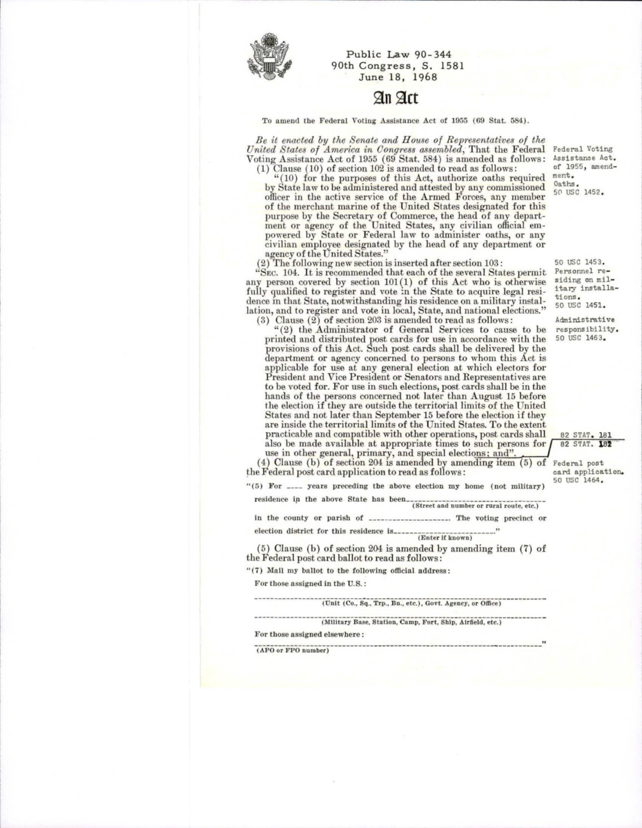 Act Amending The Federal Voting Assistance Act Of 1955 To Include A Federal Post Card Application For Military Members And Federal Employees.