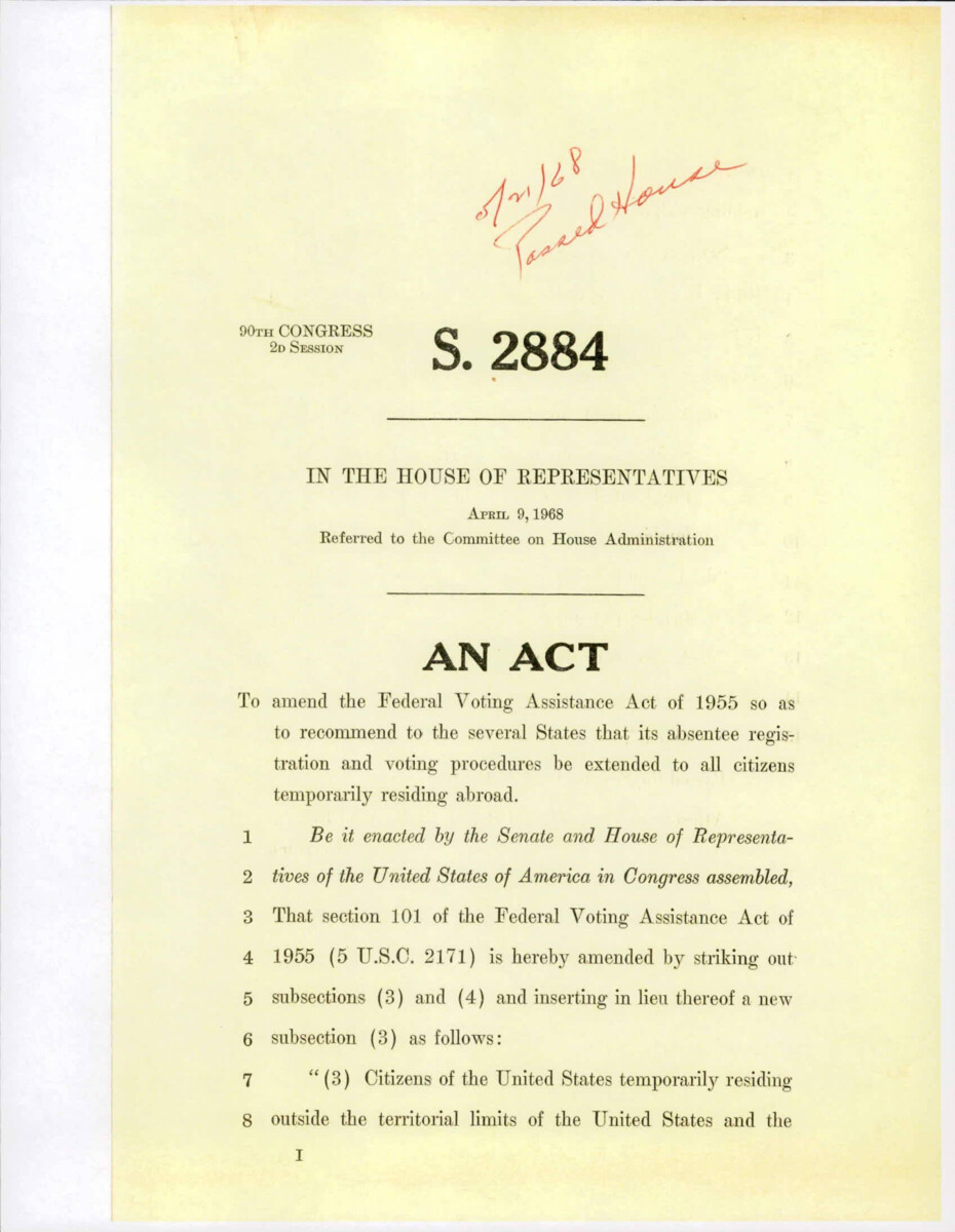 Copy Of The Federal Voting Assistance Act Of 1955 That Proceeded To The House. This Copy Does Not Have A Copy Of The Voting Card Attached To The Previous Copy.
