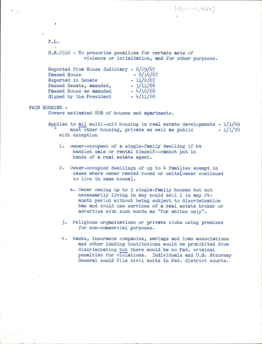 Notes About What Is In Bill H.R. 2516. Items Included Are: Fair Housing, Rights Violations, Riot Penalties, Weapons Control, And American Indians.