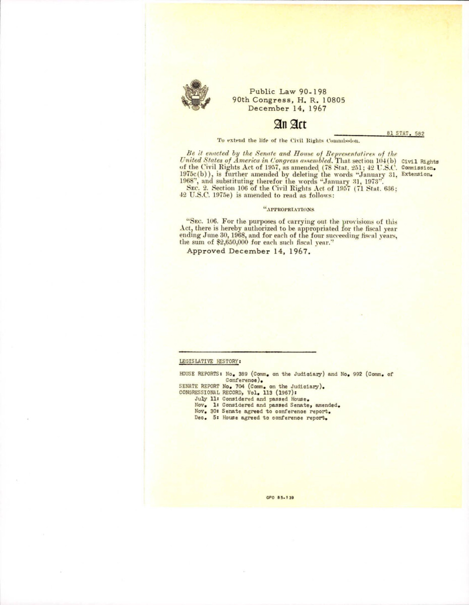 Act To Extend The Life Of The Civil Rights Commission Approved On December 14, 1967.