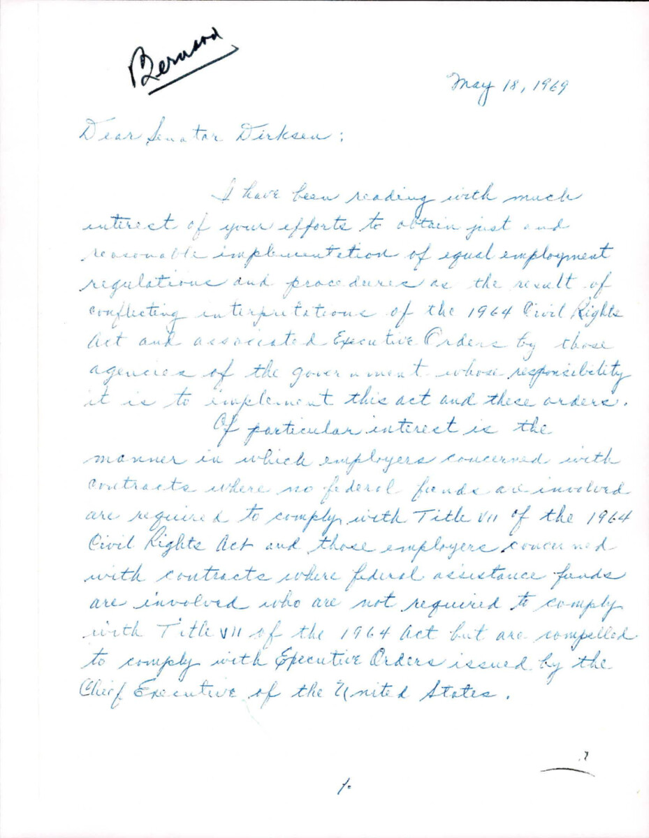 Letter To Dirksen About The Equal Employment, Its Relation To Construction Contractors, And State And Federal Funding. He Names Section 22 Of The Federal-aid Highway Act Of 1968, Senate Subcommittee On Roads (january 1969), Title Vii If The Civil Rights Act And Executive Order 11246.