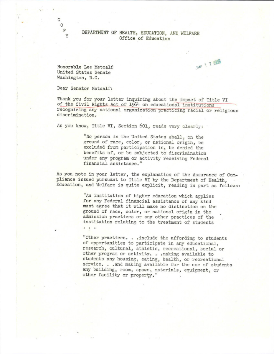 Letter From Francis Keppel To Senator Lee Metcalf About How The Civil Rights Act Of 1964 Relates To College Fraternities And Sororities. This Particular Letter Talks About Stanford's Chapter Of Sigma Chi, Which They Closed In Order To Avoid Diversifying The Chapter.