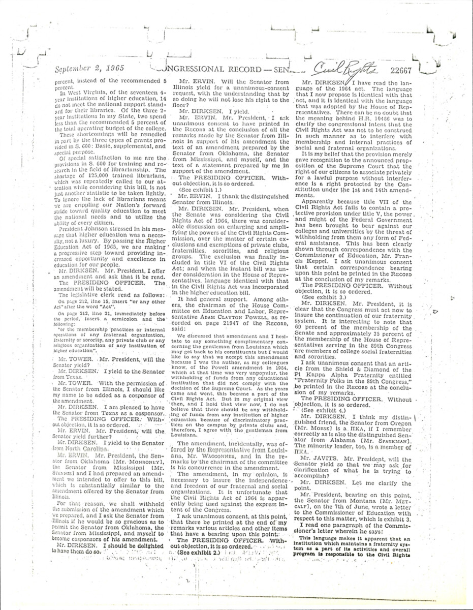 Dirksen Proposing An Amendment To The Civil Rights Act Of 1964 On The Floor Of The Senate. The Amendment Was Designed So That The Civil Rights Act Of 1964 Can Be Applied To Social And Fraternal Organizations.