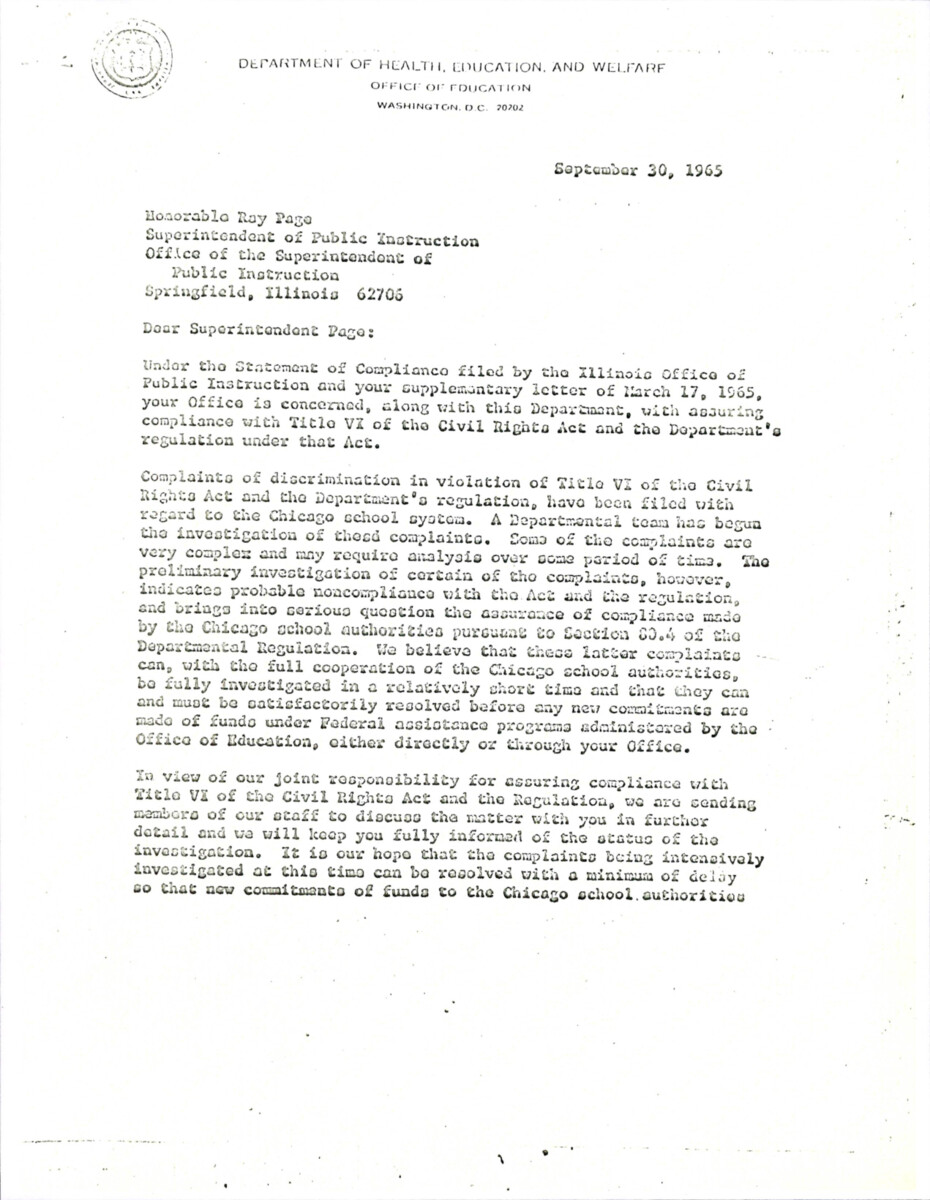 Letter from Francis Keppel, the U.S. Commissioner of Education, to Ray Page regarding complaints that were filed against the Chicago school system that will be under investigation.