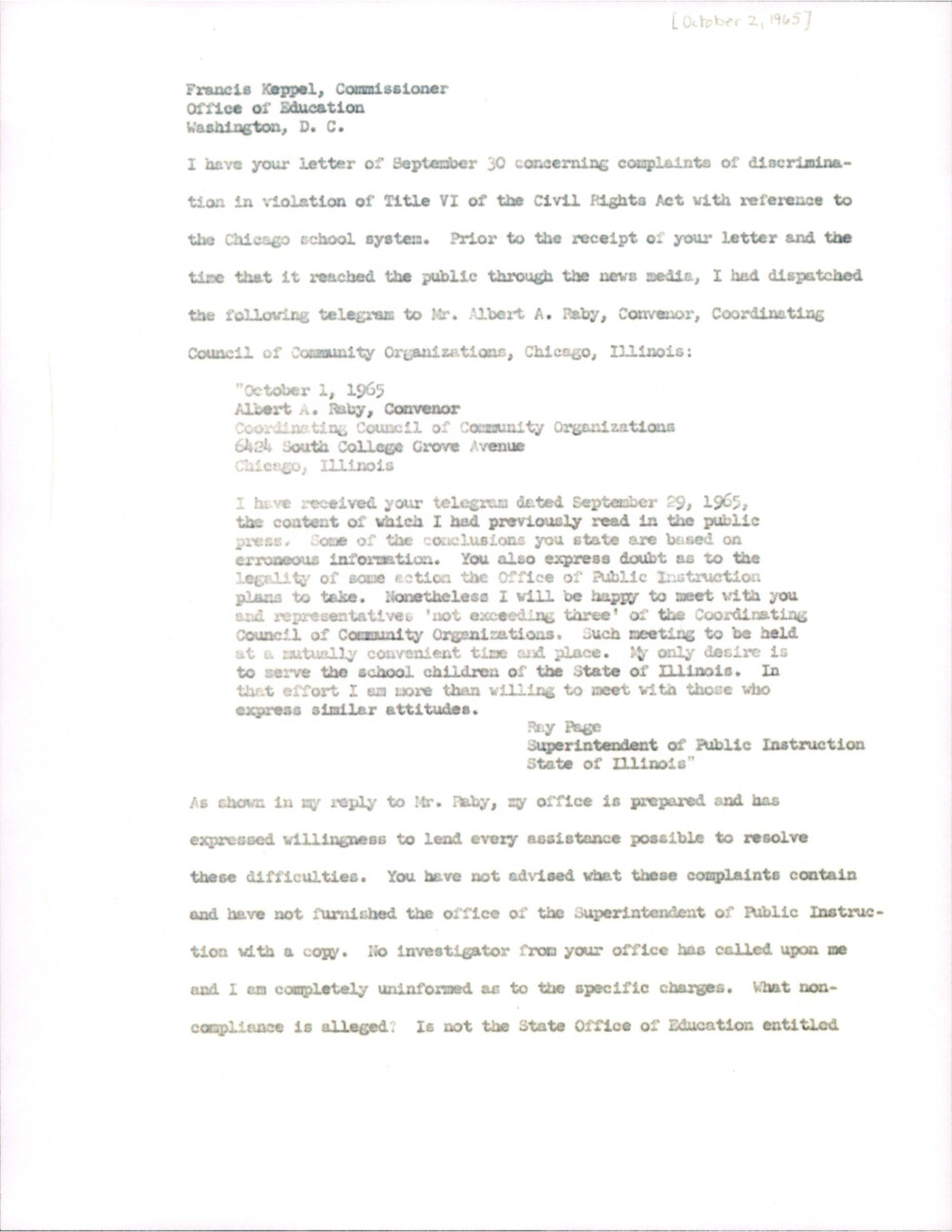 Letter From Ray Page, Superintendent Of Public Instruction, To Francis Keppel Commissioner For The Office Of Education About Discrimination In The Chicago School System In Relation To The Civil Rights Act Of 1964.