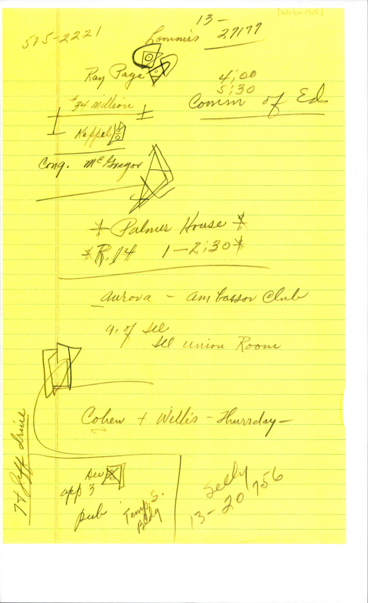 Notes Dirksen Took About The Chicago Schools Funding Issue. Legible Writing Includes "ray Page", "34 Million", "palmer House", And Other Names. Dirksen Even Drew Some Doodles.