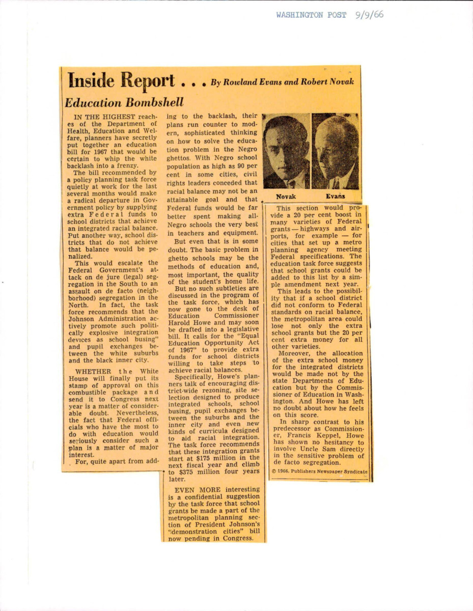 Article about the Department of Health, Education, and Welfare introducing an education bill. The bills goal will be to provide extra Federal funds to school districts that achieve integration.