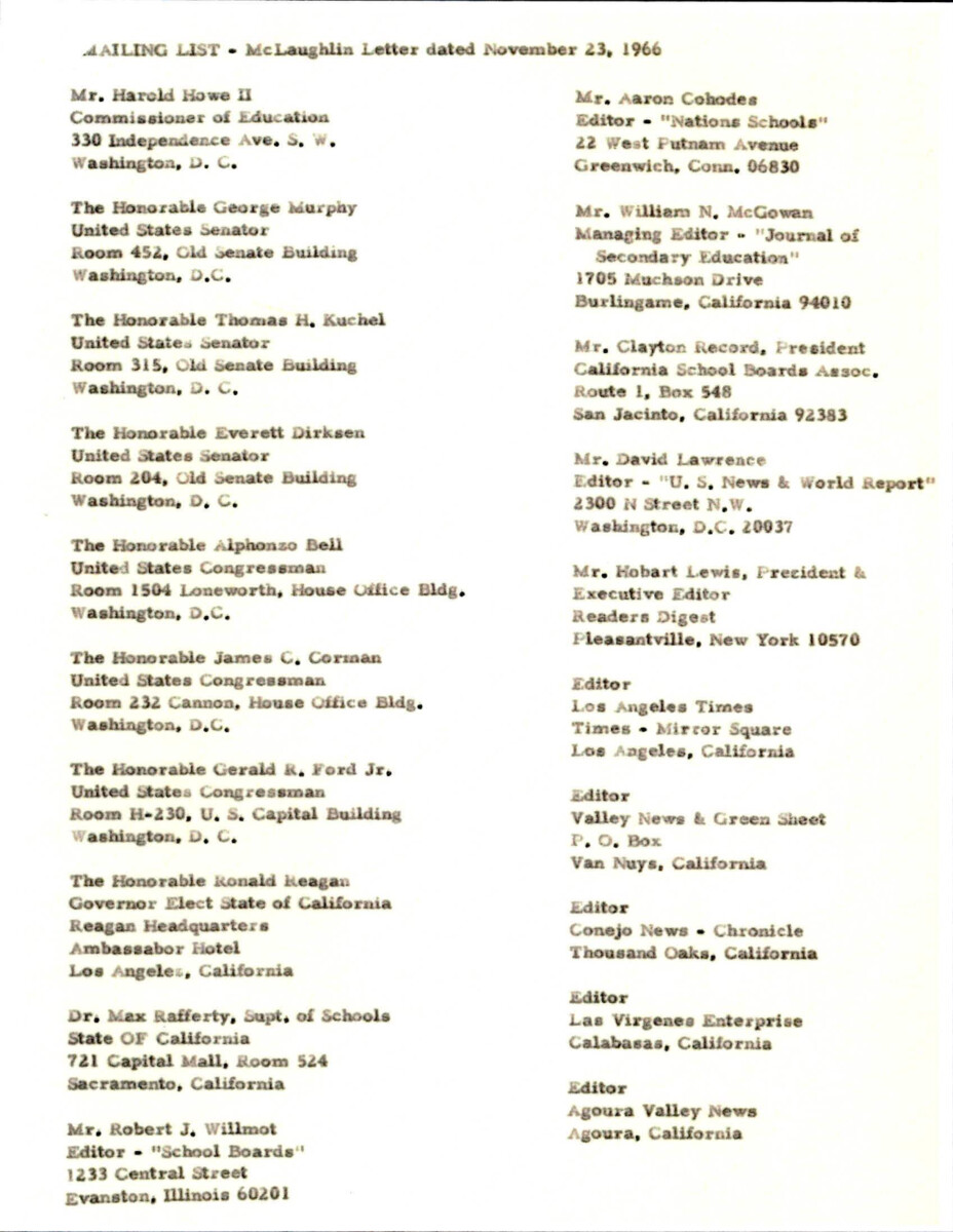 Mailing List For The Mclaughlin Letter Regarding Education And Federal Assistance.