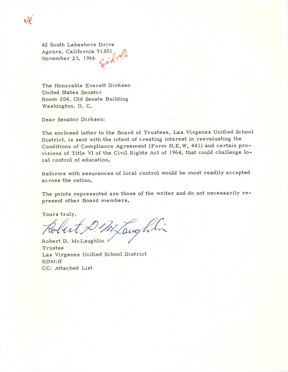 Letter Regarding Mclaughlin's Letter On School Federal Assistance. His Goal Is To Have Conditions Of Compliance Agreement And Provisions Within Title Vi Of The Civil Rights Act Of 1964.
