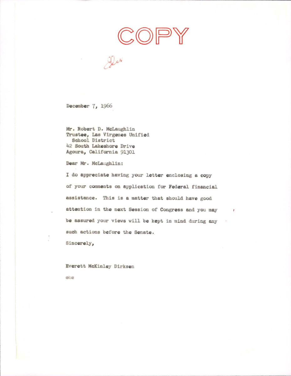 Letter From Dirksen To Mclaughlin Letting Mclaughlin Know That He Received His Letter From November 23