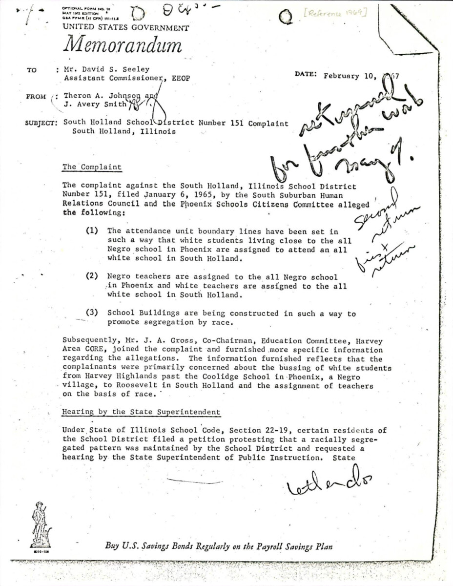 Memo About Complaint Against South Holland's School District 151 Filed By South Suburban Human Relations Council And The Phoenix Schools Citizens Committee. The Complaint States That There Is An Attendance Boundary For White Students Who Live Closer To The Phoenix Black School Attending The White School In South Holland, Black Teachers Are Assigned To Only Teach In The Black School (the Same Goes For White Teachers), And The School Buildings Are Constructed To Promote Segregation.