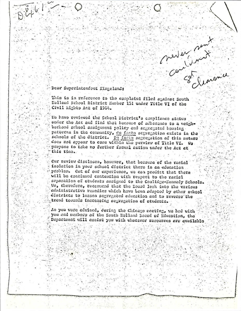 Letter And Memo About The Investigation Of South Holland's School District Which Started In November Of 1966. The Investigation Found That There Was No Violation Of The Civil Rights Act Of 1964 Because Of "de Facto" Segregation. Phoenix Was A "black Town".