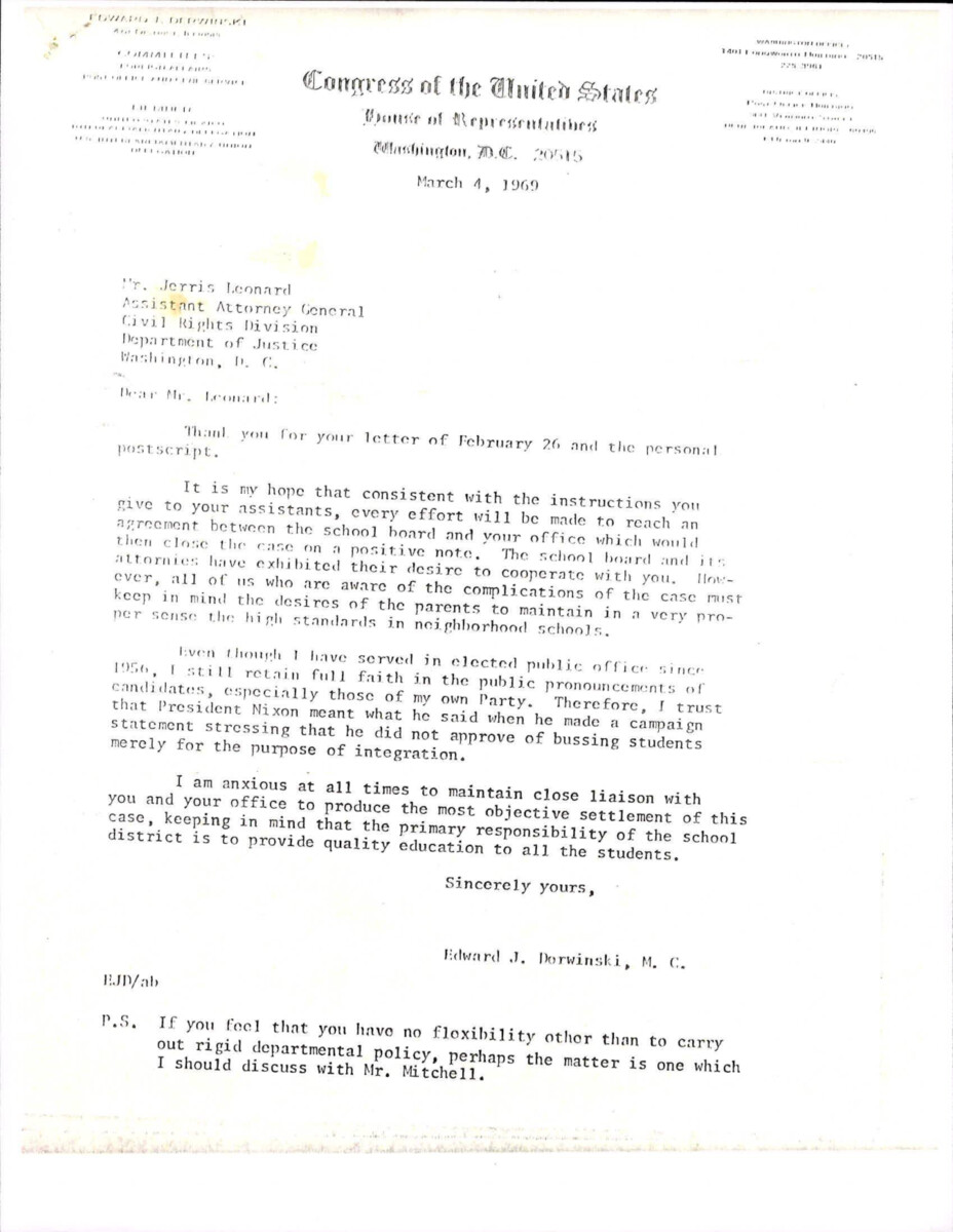 Letter To The Assistant Attorney General About Trying To Reach An Agreement With The School Board And The Attorney General's Office About Integration Efforts. It Was Widely Known That President Nixon Did Not Approve Of The Bussing System To Integrate Schools.