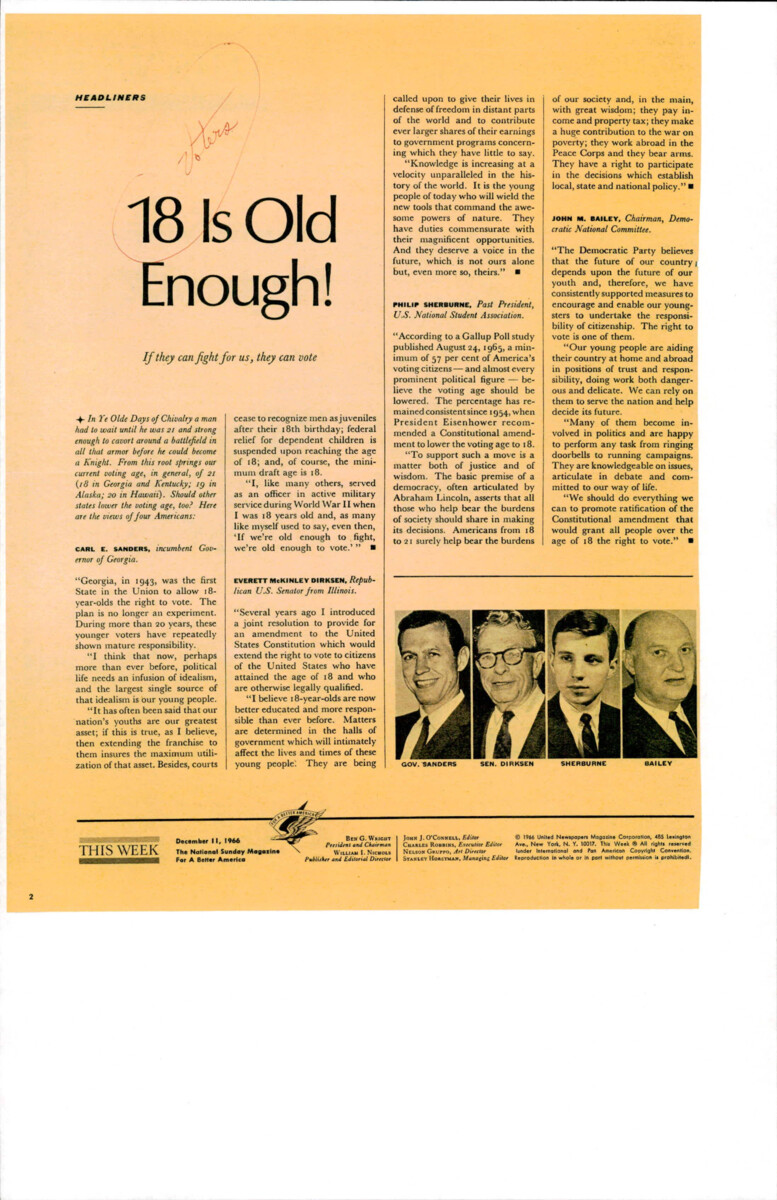 Article About Raising The Voting Age Because "if They Can Fight For Us, They Can Vote". Article Includes The Opinions Of Four Men Who Have Held Political Office, Including Everett Dirksen.
