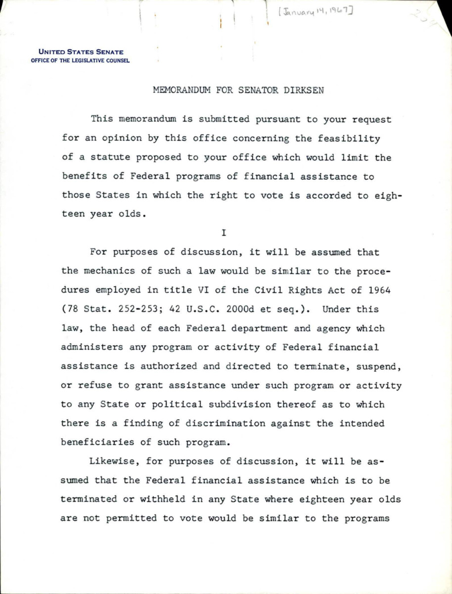 Memo For Dirksen About The Right To Voting And Lowering The Voting Age To 18 And How It Connects To Provisions Within The Civil Rights Act Of 1964.