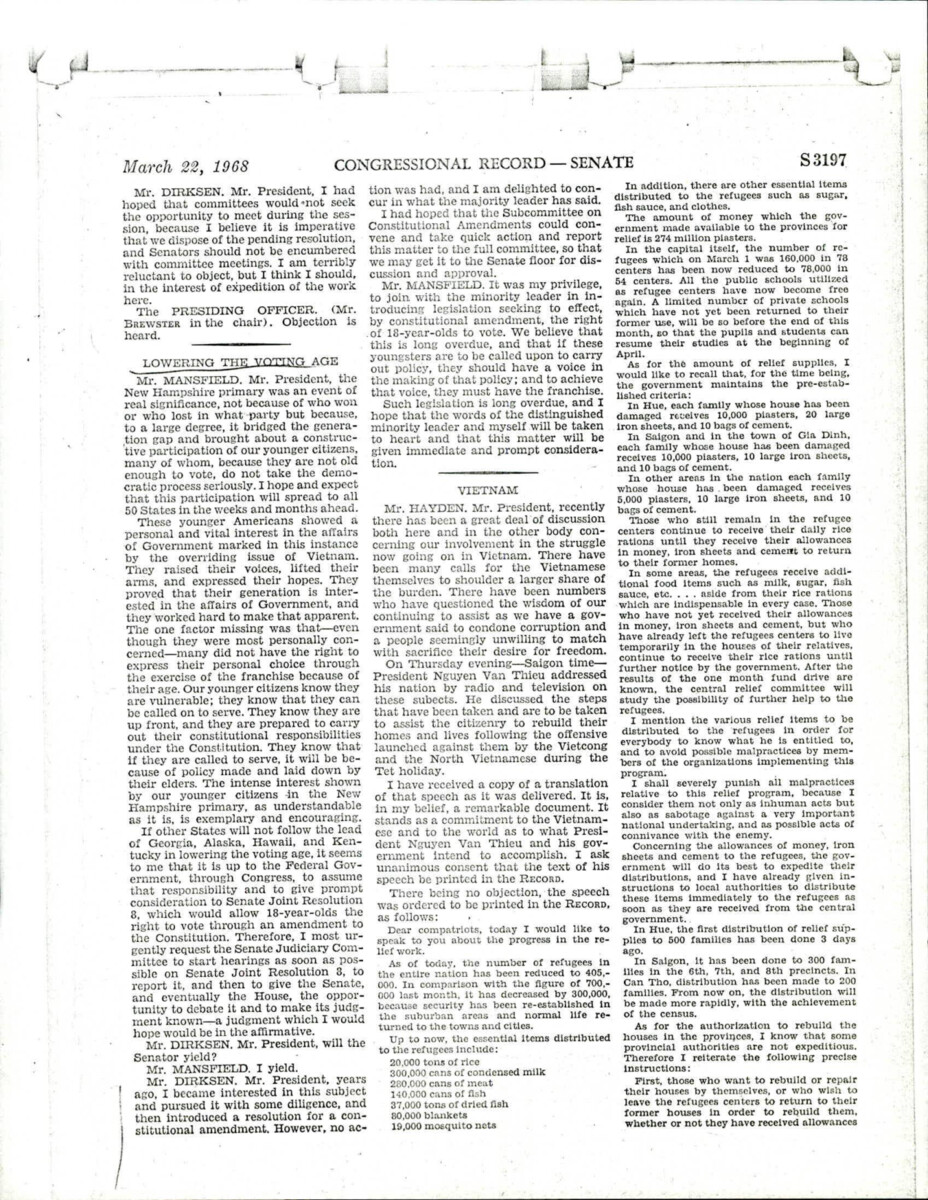 Record Of Senator Mansfield And Dirksen Speaking On The Proposed Amendment To Lower The Voting Age.