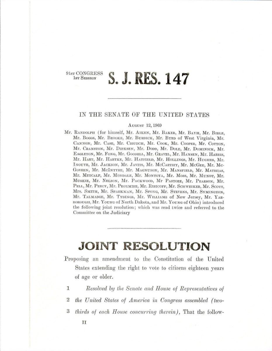 Joint Resolution, Proposed By Senator Randolph, To Extend The Right To Vote To Citizens 18 Years Or Older.