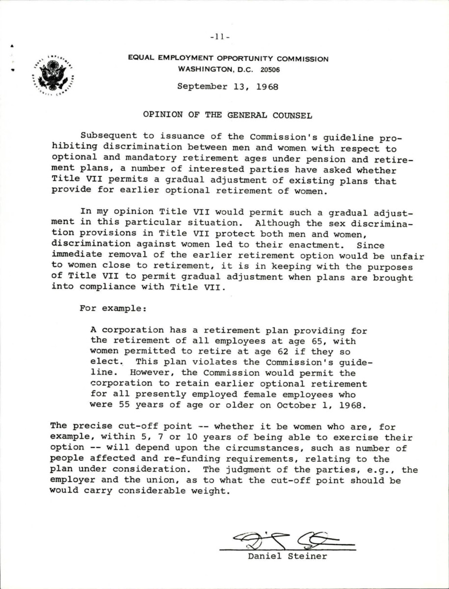 Opinion About Prohibiting Of The Basis Of Sex In Employment And Retirement. This Document Deals Primarily With The Adjustment Of Retirement Plans To Comply With Title Vii Of The Civil Rights Act Of 1964