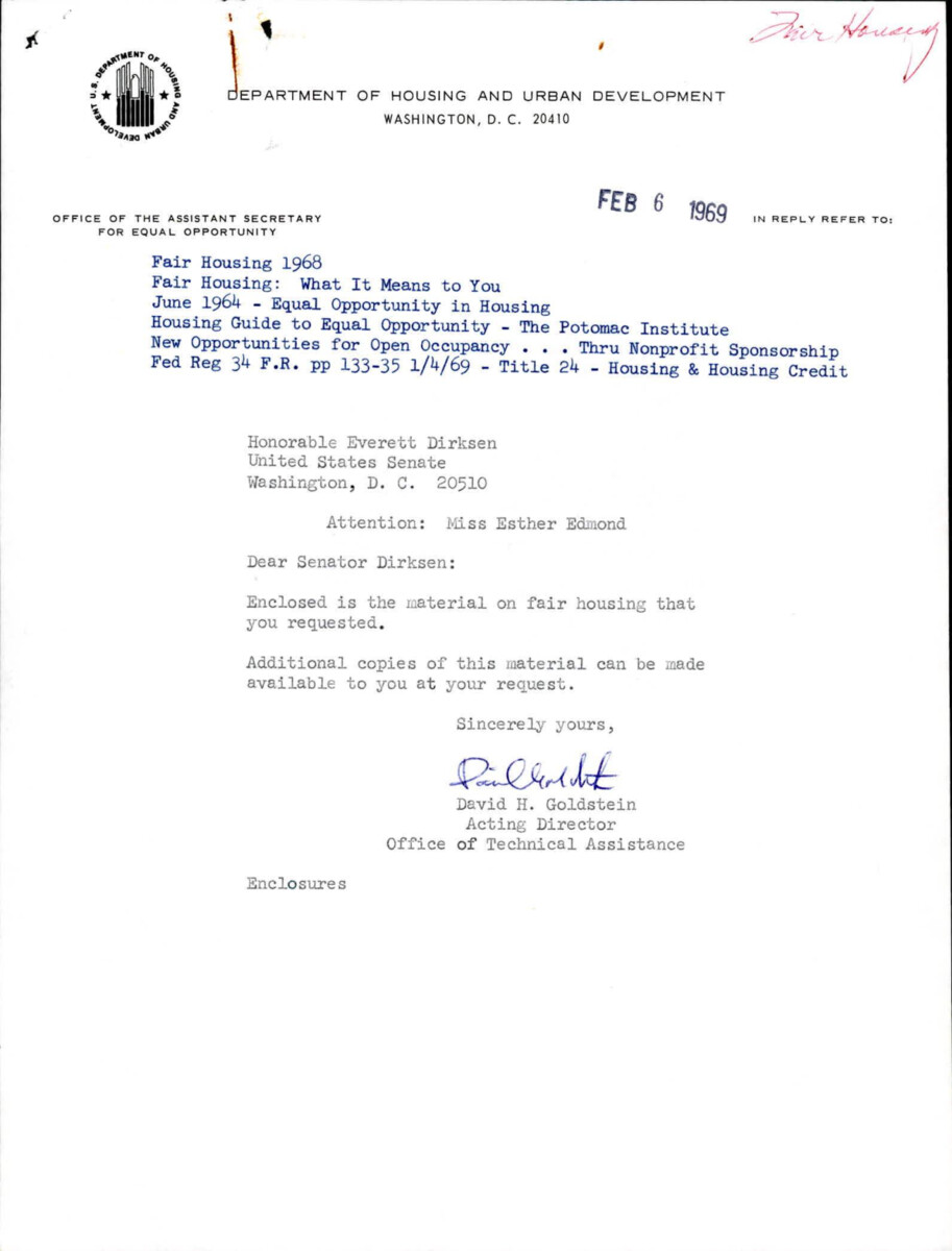 Memo About Material Dirksen Requested Regarding Fair Housing
