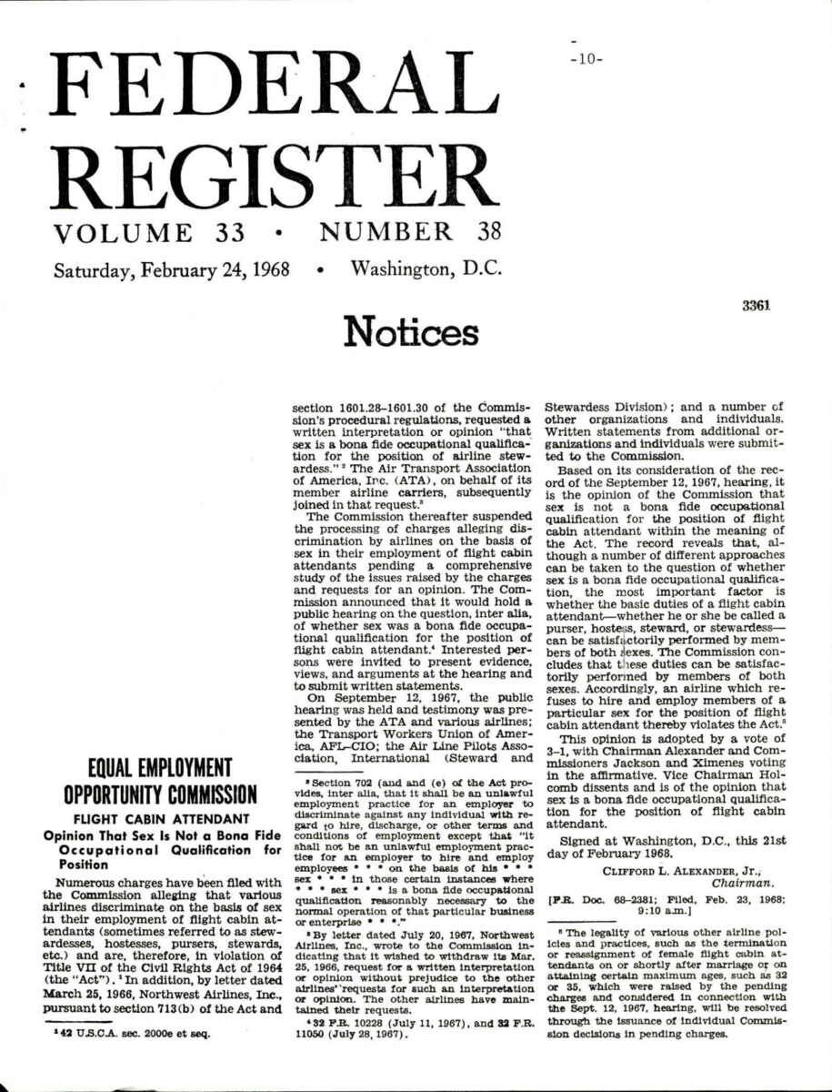 Article About Charges That Have Been Filed With The Equal Employment Opportunity Commission That Airlines Discriminate On The Basis Of Sex In Their Employment Of Flight Attendants. A Public Hearing Was Held And Testimony Was Given By The Ata, Various Airlines, And Other Organizations.
