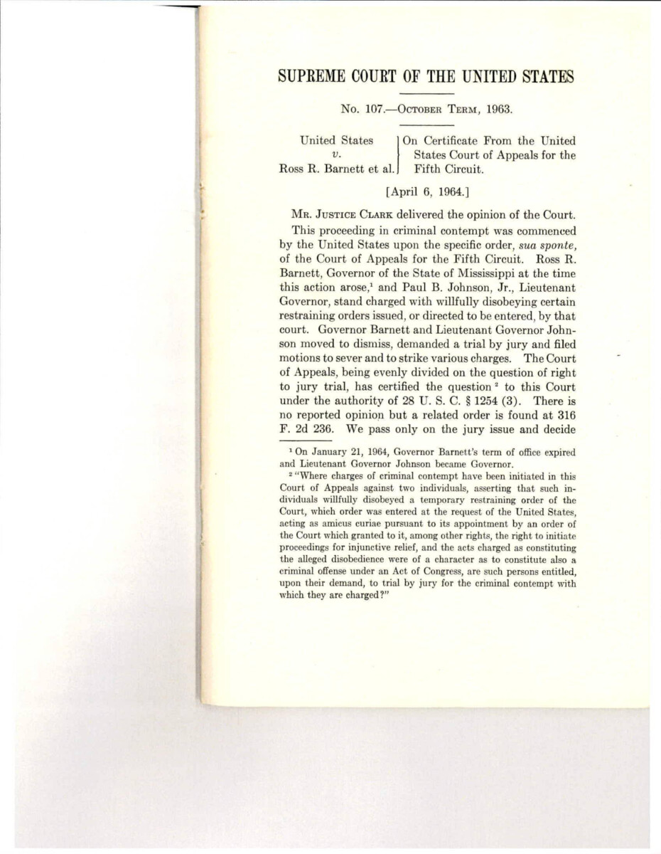 Supreme Court Case Where A Black Student Was Refused Admission To The University Of Mississippi (first Known As Meredith V. Fair). United States V. Ross R. Barrett Is A Subsequent Case Where The U.S. Filed Suit Against The Governor Of Mississippi For Not Complying With The Ruling.
