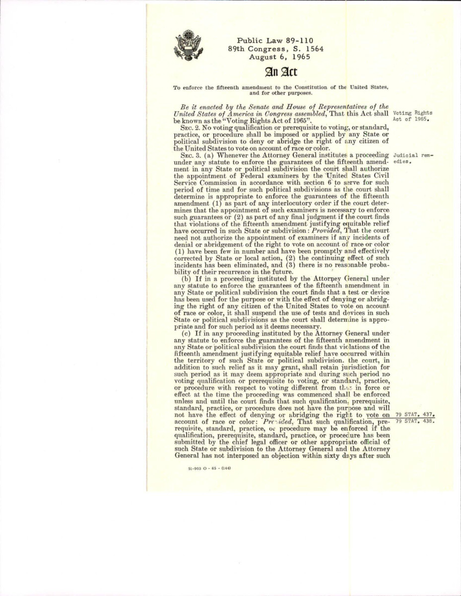 Voting Rights Act Of 1965, Protects The Right To Vote For Minorities And Prescribes Persecution For Those That Try To Intimidate Or Use Violence To Keep Minorities From Voting.
