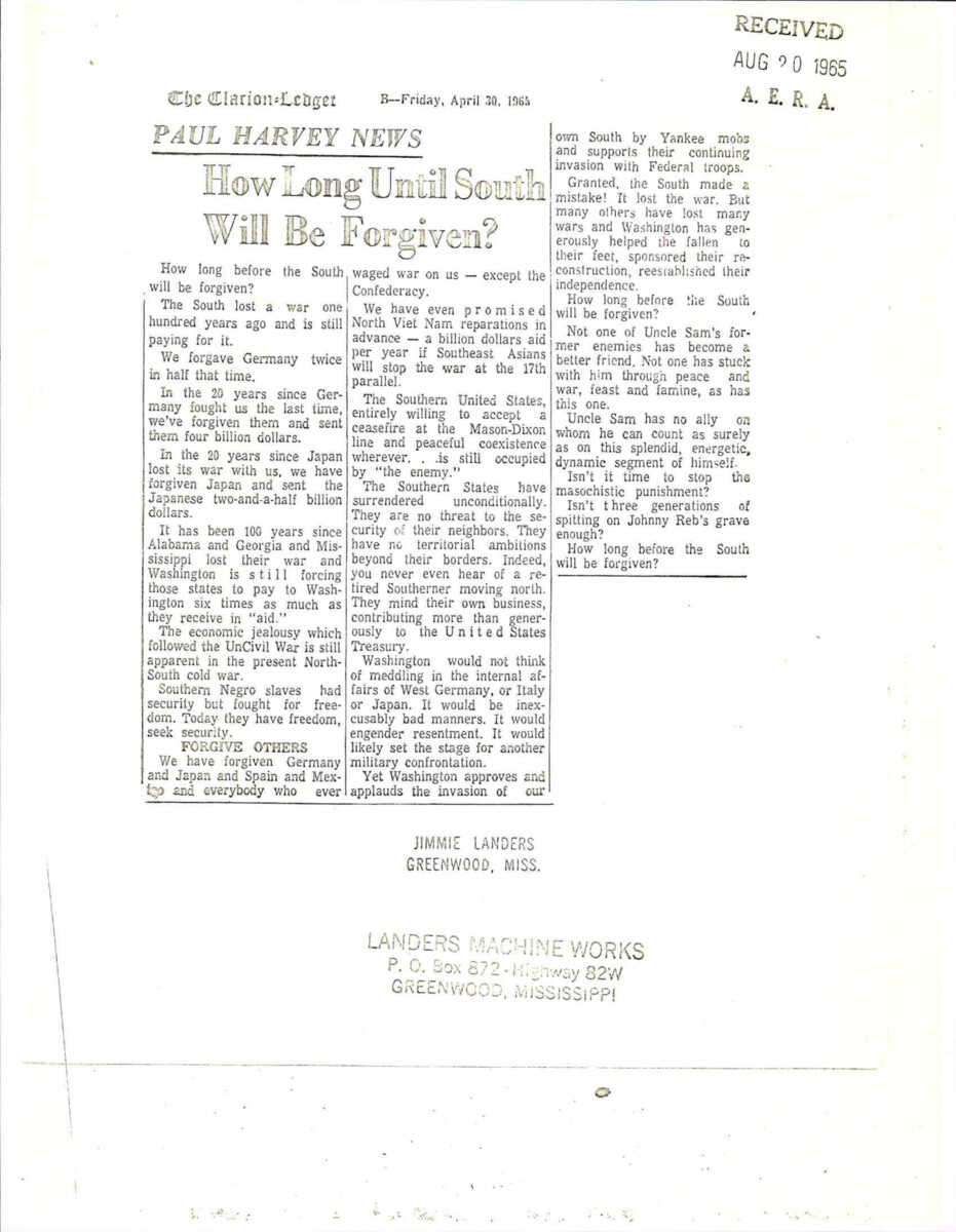 Opinion Column About The North Continuing To Make The South Pay Even Though The Civil War Was 100 Years Ago. The Author Says, "isn't Three Generations Of Spitting On Johnny Reb's Grave Enough?"