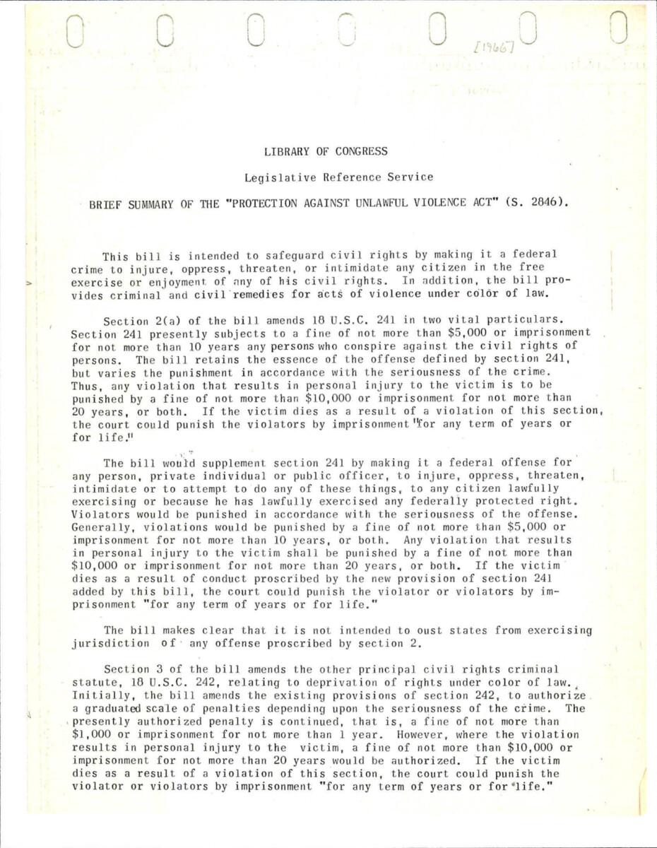 S. 2846 Makes It A Federal Crime To Injure, Oppress, Threaten, Or Intimidate Any Citizen In The Free Exercise Or Enjoyment Of Any Of His Civil Rights.