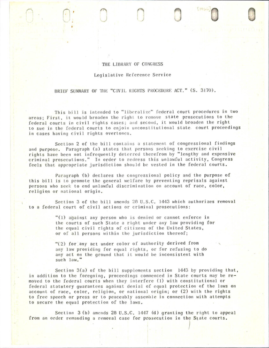 S. 3170 Broadens The Right To Remove State Prosecutions To Federal Courts In Civil Rights Cases And Broadens The Right To Sue In Federal Courts To Enjoin Unconstitutional State Court Proceedings In Cases Having Civil Rights Overtones.