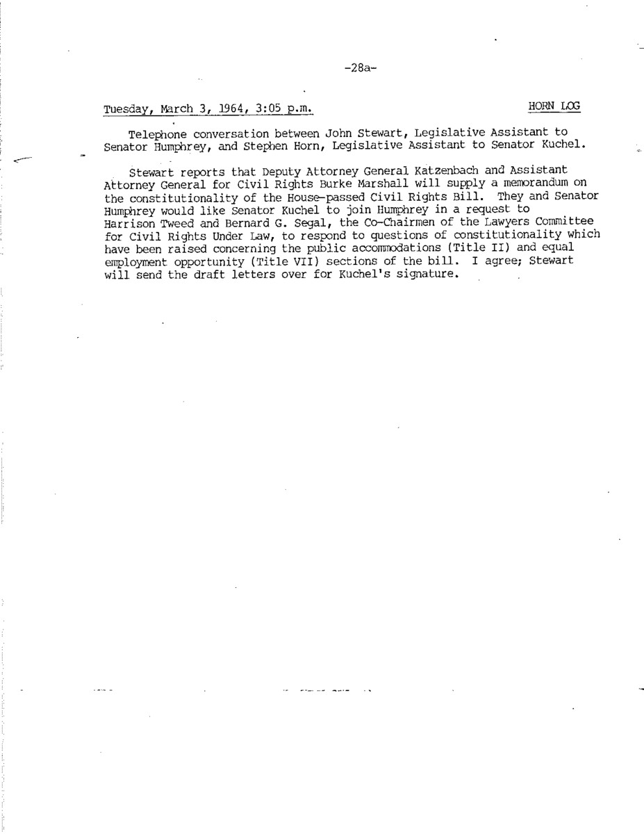 This document represents one part of a larger log kept by Stephen Horn during discussions about the Civil Rights Act of 1964. The document includes a copy of a letter written by Hubert Humphrey and Thomas Kuchel.
