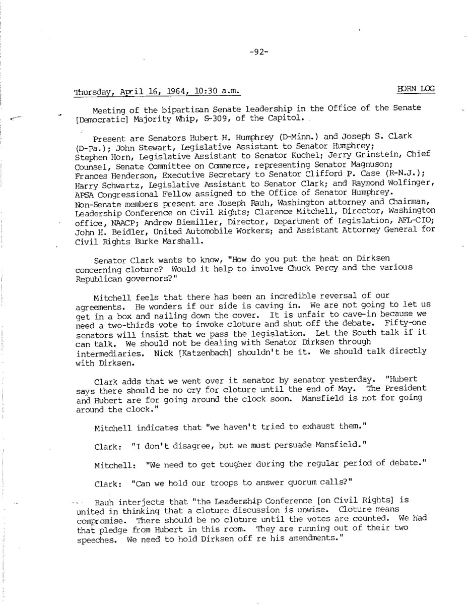 This document represents one part of a larger log kept by Stephen Horn during discussions about the Civil Rights Act of 1964.
