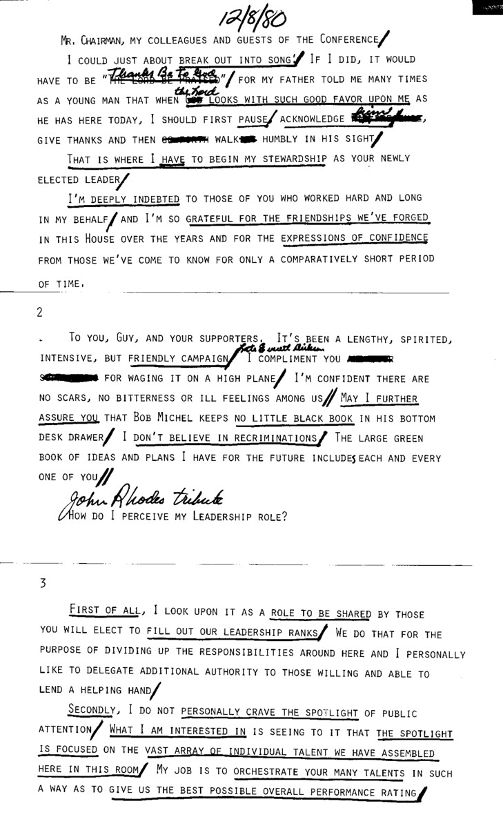 Robert H. Michel gave this speech in Washington D.C. upon his election as Republican Leader of the U.S. House of Representatives in 1980.