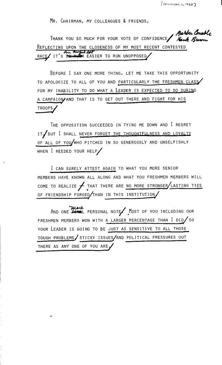 Robert H. Michel gave this speech in Washington D.C. upon his election as Republican Leader of the U.S. House of Representatives in 1982.