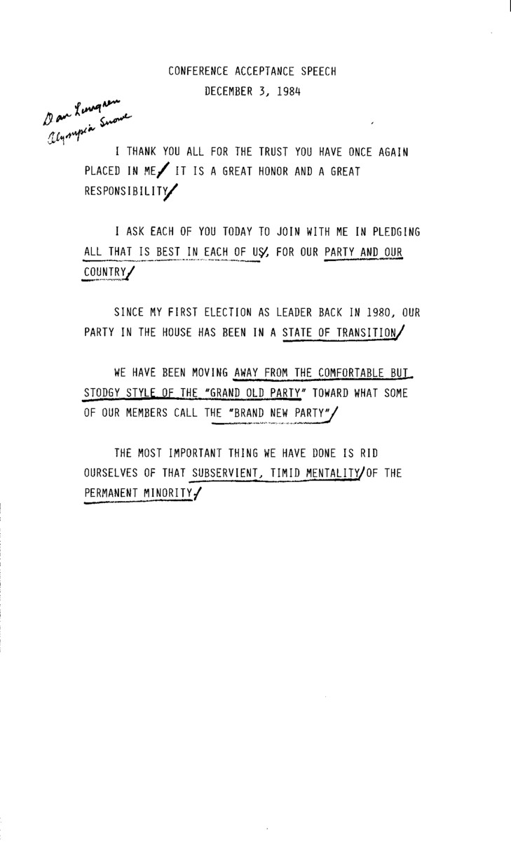 Robert H. Michel gave this speech in Washington D.C. upon his election as Republican Leader of the U.S. House of Representatives in 1984.