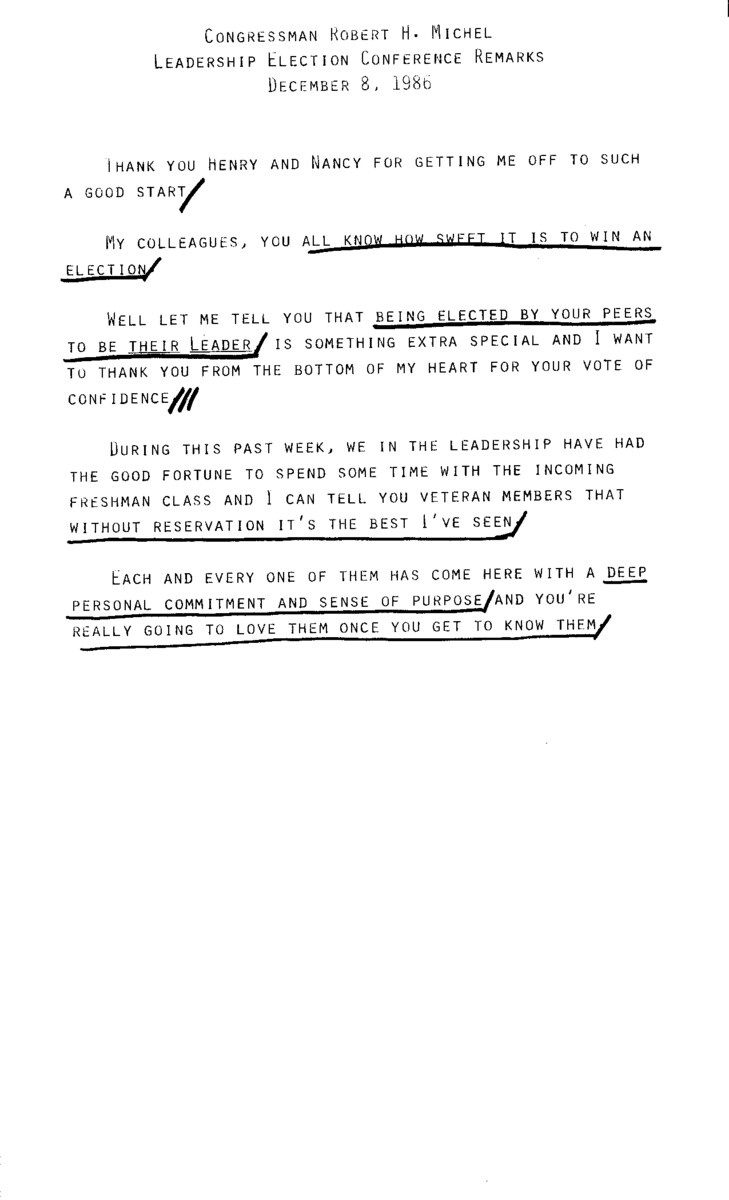 Robert H. Michel gave this speech in Washington D.C. upon his election as Republican Leader of the U.S. House of Representatives in 1986.