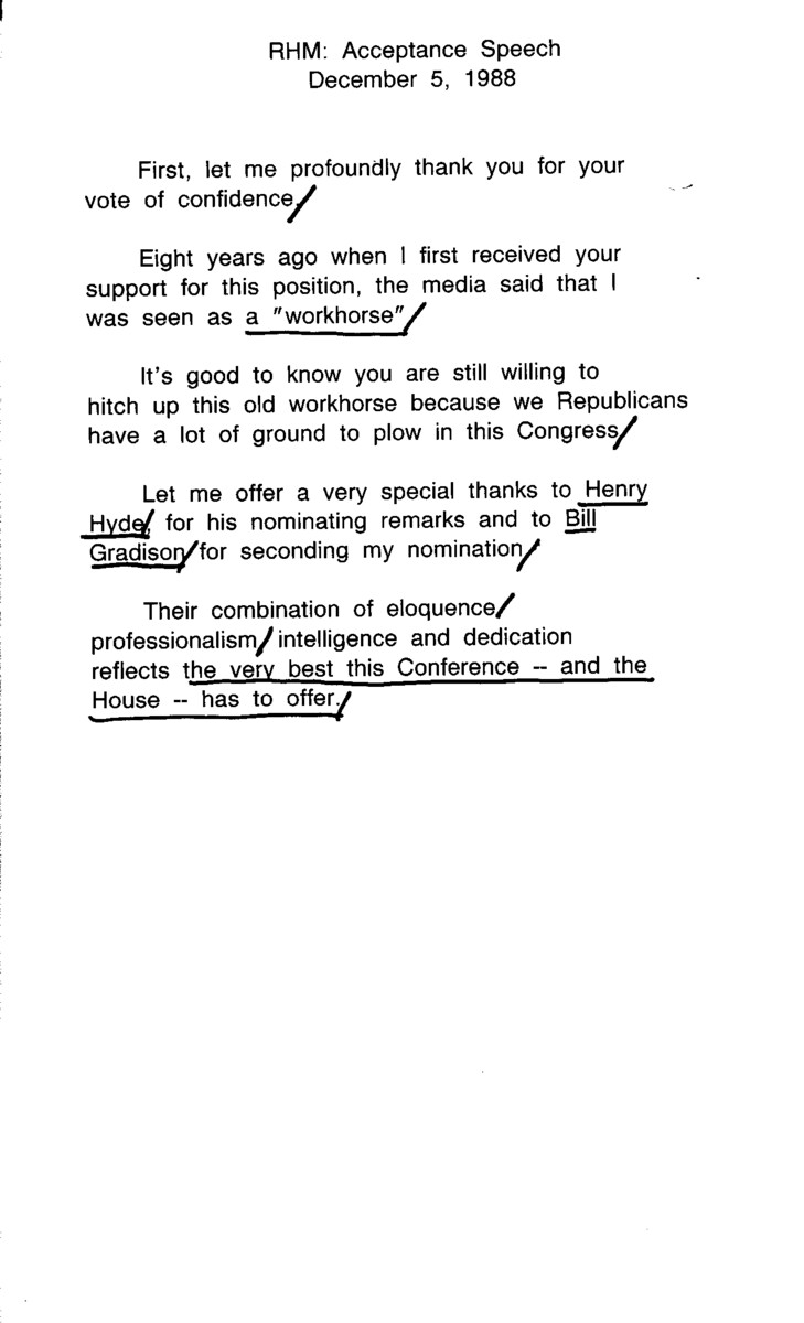 Robert H. Michel gave this speech in Washington D.C. upon his election as Republican Leader of the U.S. House of Representatives in 1988.