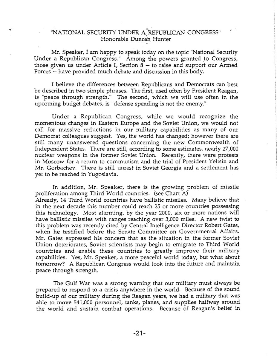 Part of a larger document, titled "The Republican Congress: A Manifesto for Change in the House of Representatives", that outlined the Republican Party's plans should they achieve a majority, this 1992 paper details the party's stance on national security.