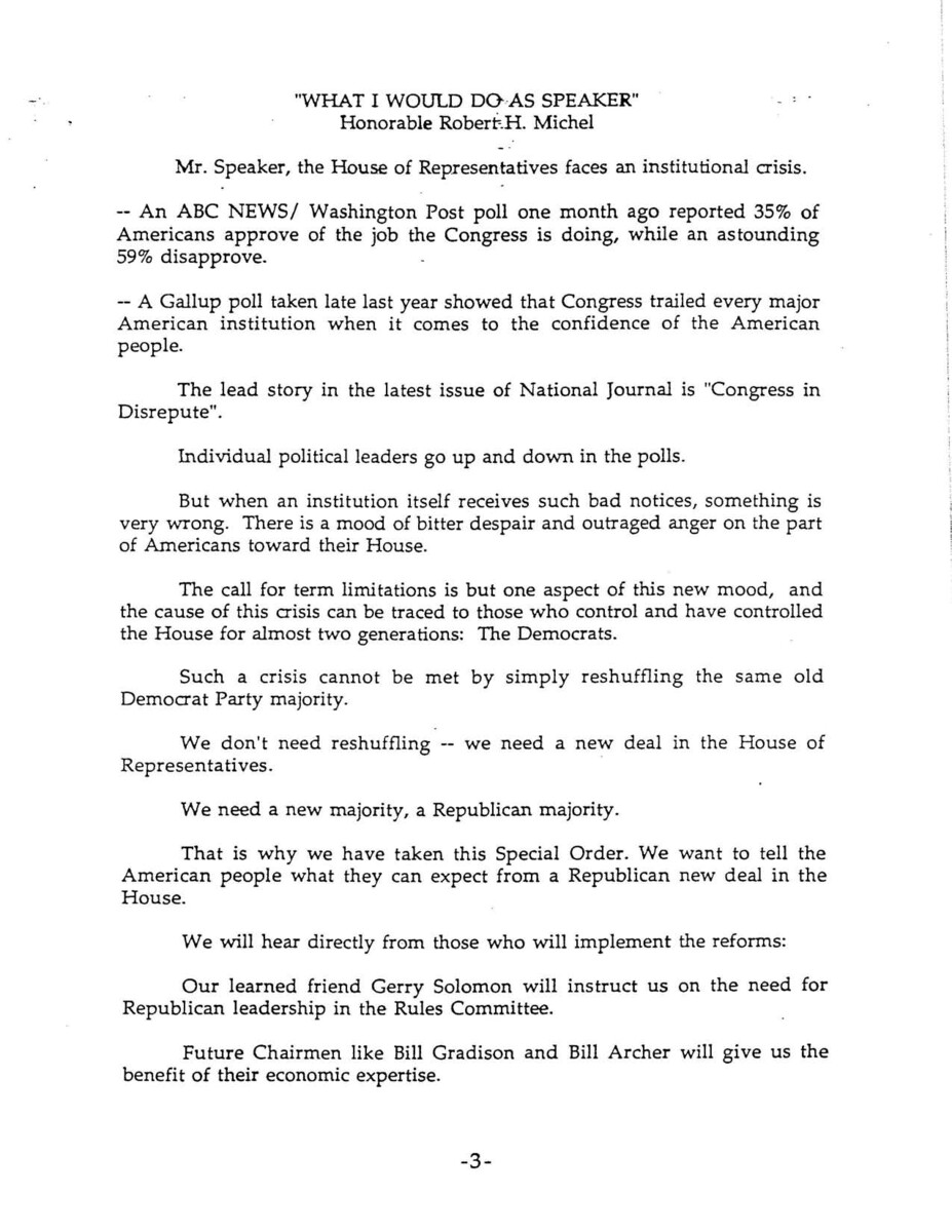 Part of a larger document, titled "The Republican Congress: A Manifesto for Change in the House of Representatives", that outlined the Republican Party's plans should they achieve a majority, this 1992 paper serves as an introduction to the document.