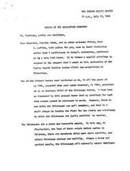 ["The speaker, who has been honored as an honorary Chief of the Chickasaw Nation, expresses pride in being a part of the Chickasaw community and highlights the contributions of Oklahoma's Indian population to American society. He discusses the importance of the newly established Public Health Service Indian Clinic and the benefits it will provide to the community. The speaker also praises the government's efforts in providing public services and facilities for the welfare and prosperity of its citizens."]