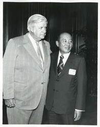 ["Black and white photograph print of Thomas P. O'Neill standing with an unidentified Korean man during the Korean-U.S. Interparliamentary Conference. July 22-23, 1973"]