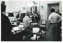["Black and white photograph print of Carl Albert talking to Thomas E. Morgan the night of the decision on aid to Turkey. Friday, July 25, 1971"]